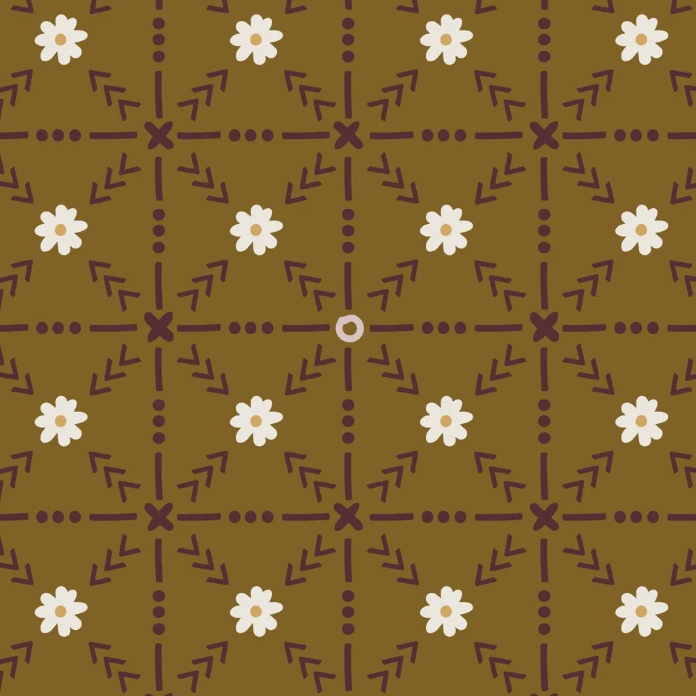 Pattern No 09a - Prairie-inspired pattern in a checkerboard layout made out of x-shapes, small daisies, and small arrow-shapes in the Umami color palette.