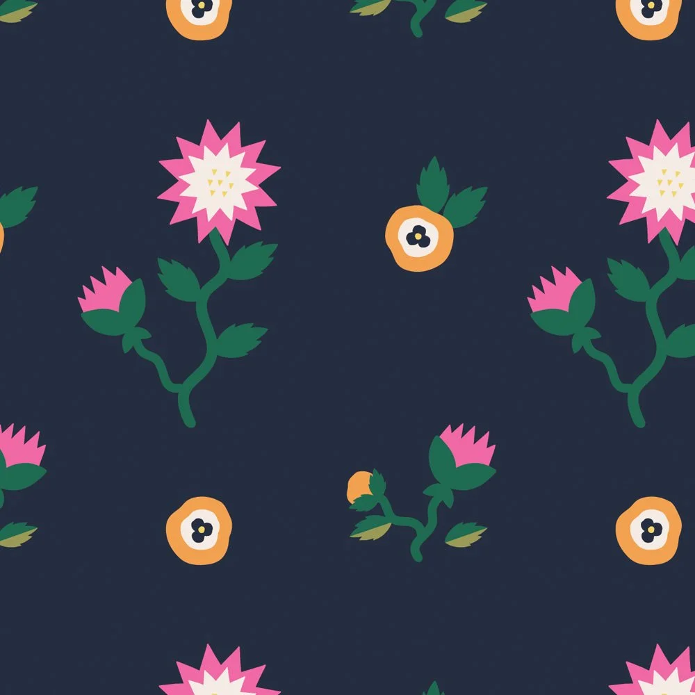 Pattern No 07b - Simplified pattern of tropical-inspired abstract flowers on blueberry