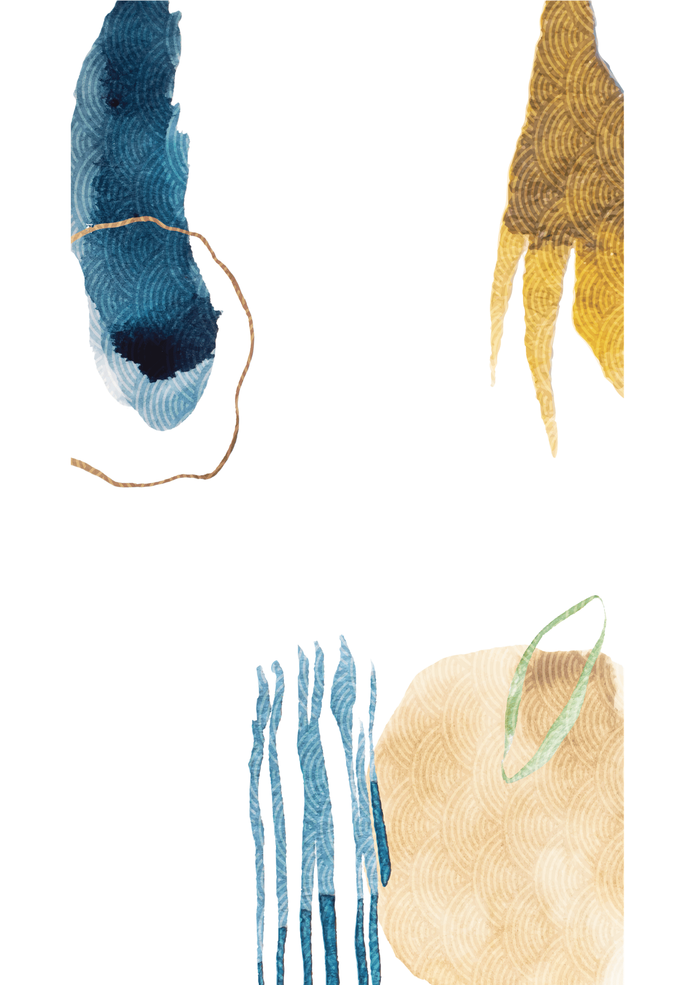 Abstract watercolor painting of marine life, including a blue whale, a yellow-orange fish, blue coral, and seaweed on a white background.