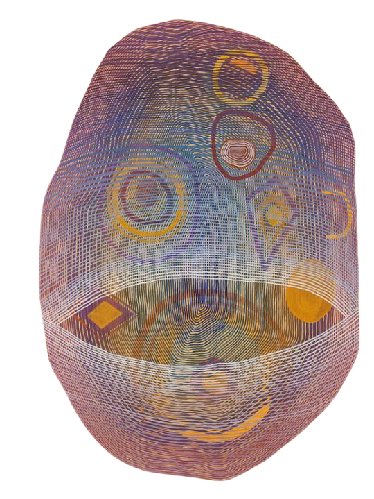 A 3D digital artistic representation of a sphere composed of colorful, concentric, ripple-like lines with abstract geometric shapes inside and around it.