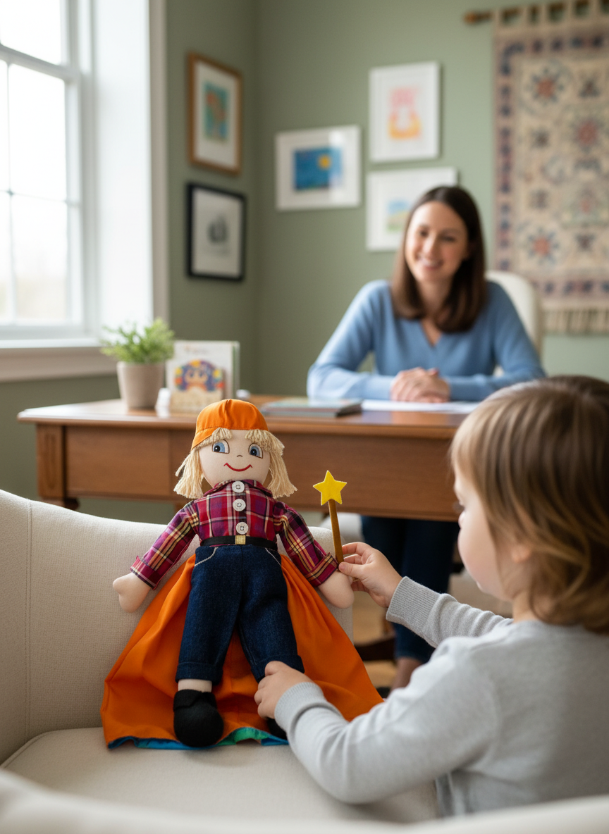 A young child playing with a rag doll puppet on a sofa in a living room, while an adult woman sits at a desk nearby, smiling and observing. The doll is dressed in a plaid shirt, jeans, orange cape, and hat, and the child holds a star-shaped wand.