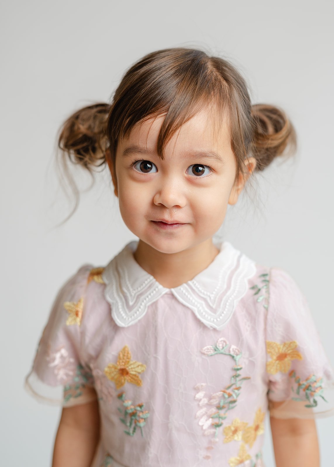 A young girl with brown hair styled in two pigtails, wearing a pink dress with floral embroidery and a lace collar, standing against a plain white background.