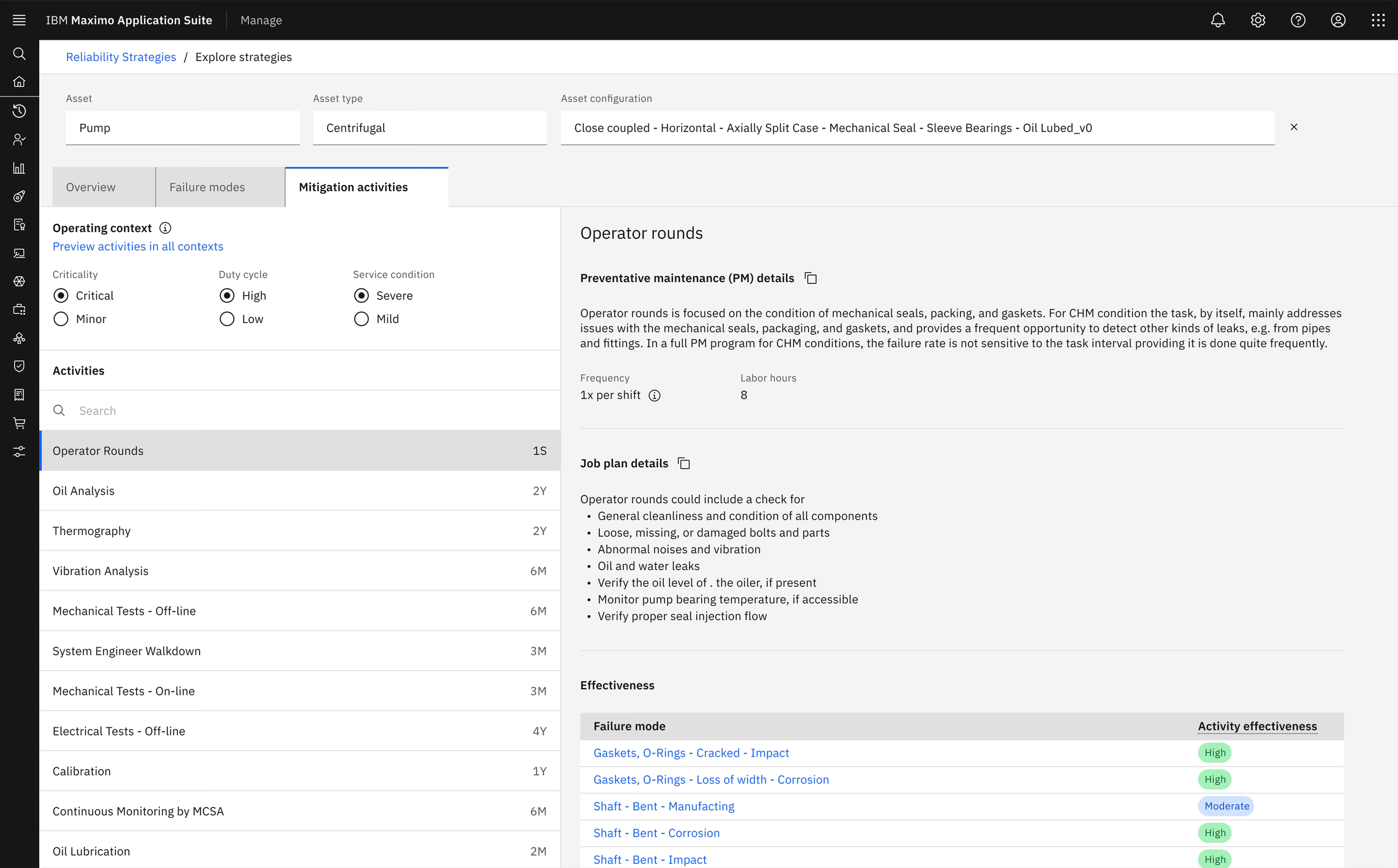 Screenshot of the IBM Maximo Application Suite interface, showing a section on asset management for a centrifugal pump, including details about asset configuration, activities, operator rounds, and failure modes.