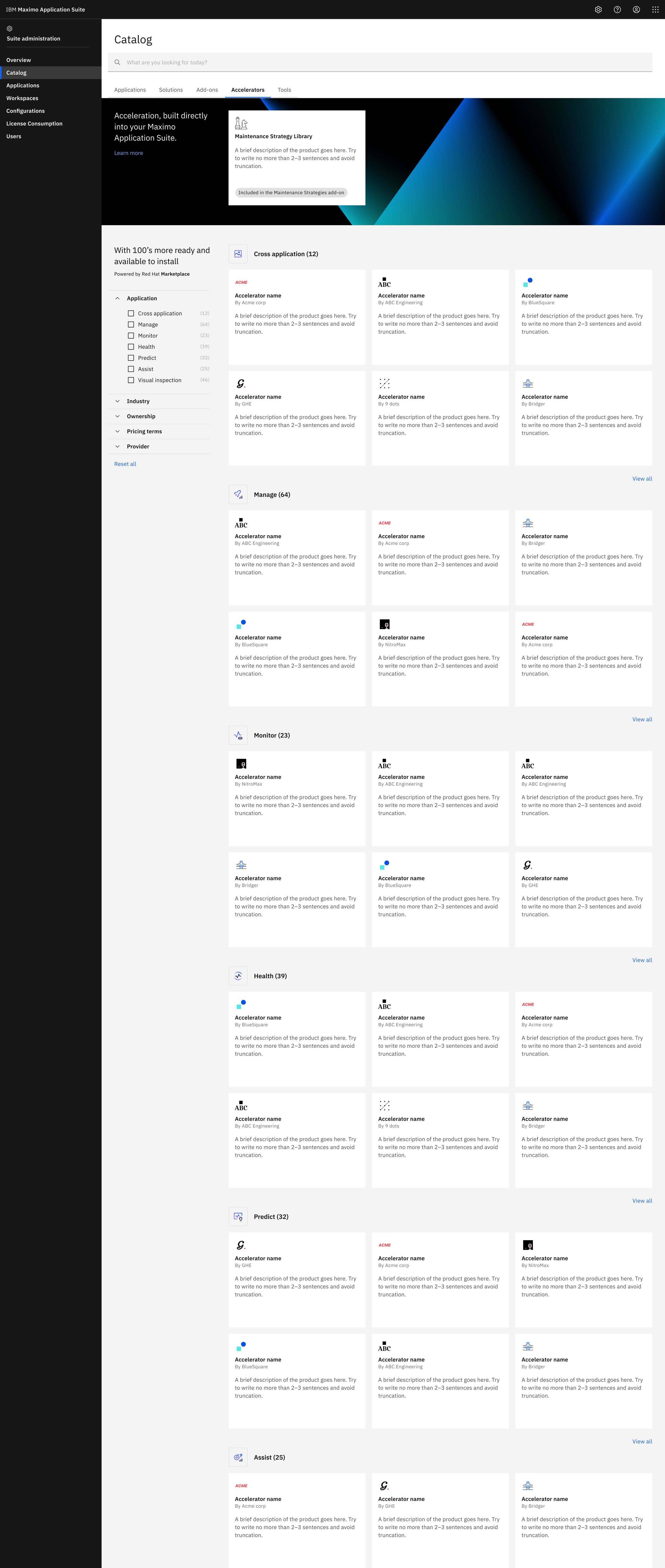 Screenshot of IBM Maximo Application Suite catalog page featuring various accelerators, applications, solutions, add-ons, and tools for maintenance, industry, management, health, prediction, and assist functions.