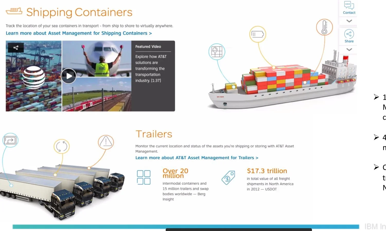 Illustration of cargo ships and containers representing shipping containers, with icons depicting tracking, temperature, and location, along with trucks and freight data below.