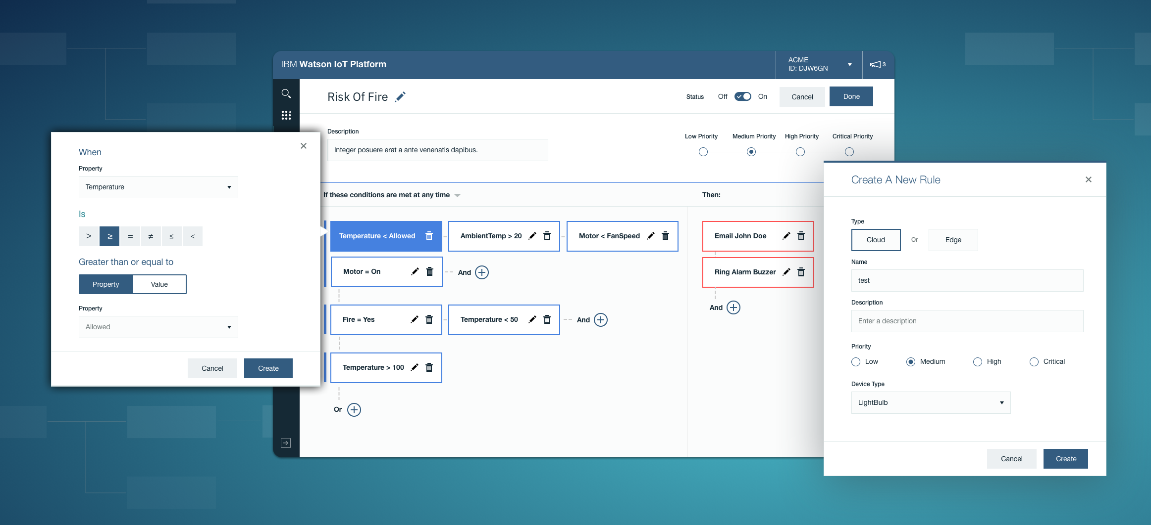 Screenshot of IBM Watson IoT Platform interface showing rules and settings for managing fire risk, including conditions based on temperature, ambient temperature, motor speed, and fire detection, with options to create alerts via email or ring alarm buzzer.