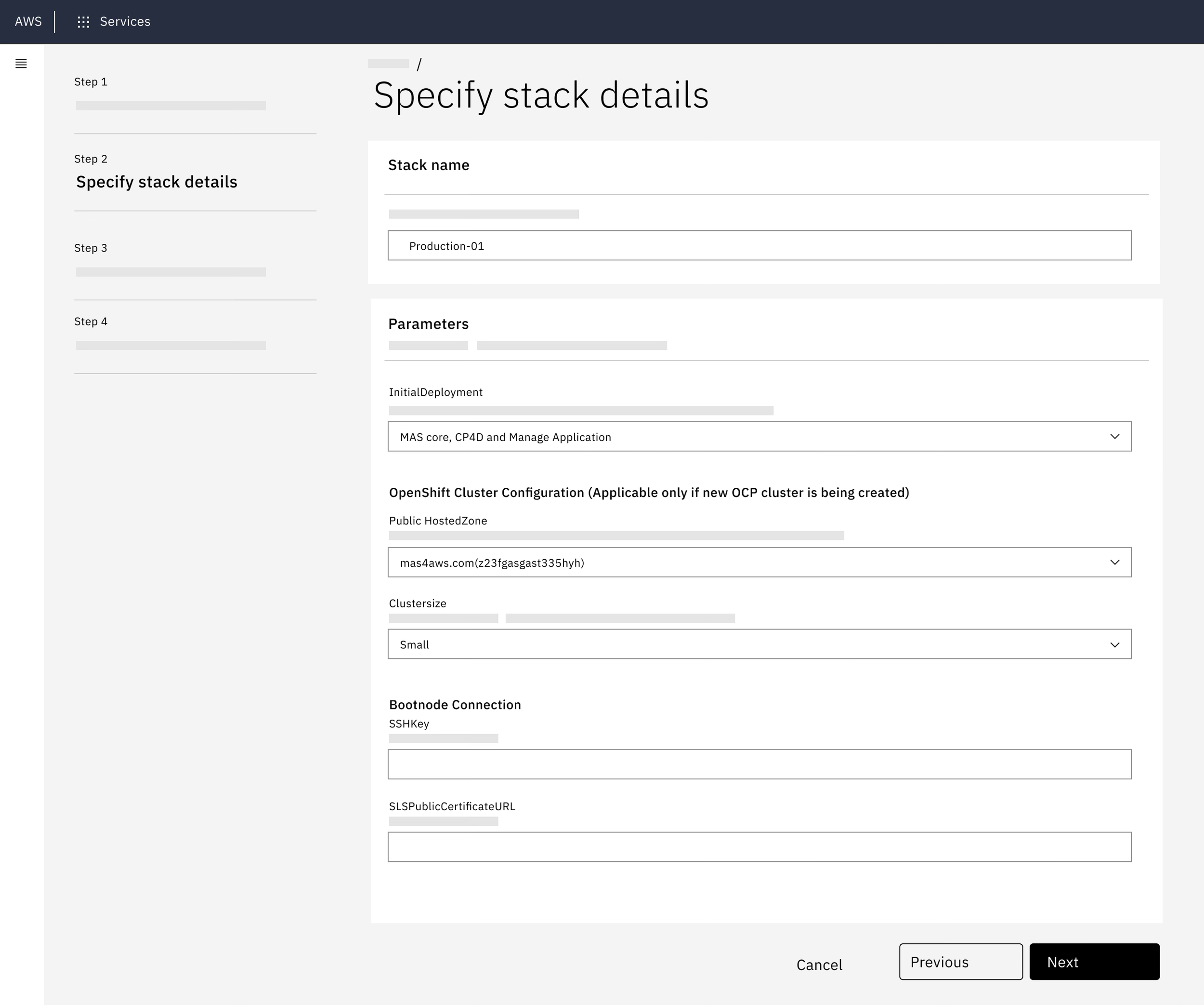 Screenshot of a computer screen showing a form titled 'Specify stack details' with fields for stack name, parameters, OpenShift cluster configuration, and bootnode connection settings.