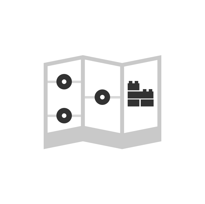 A stylized map or blueprint with three circles connected by lines on the left side and buildings on the right side.