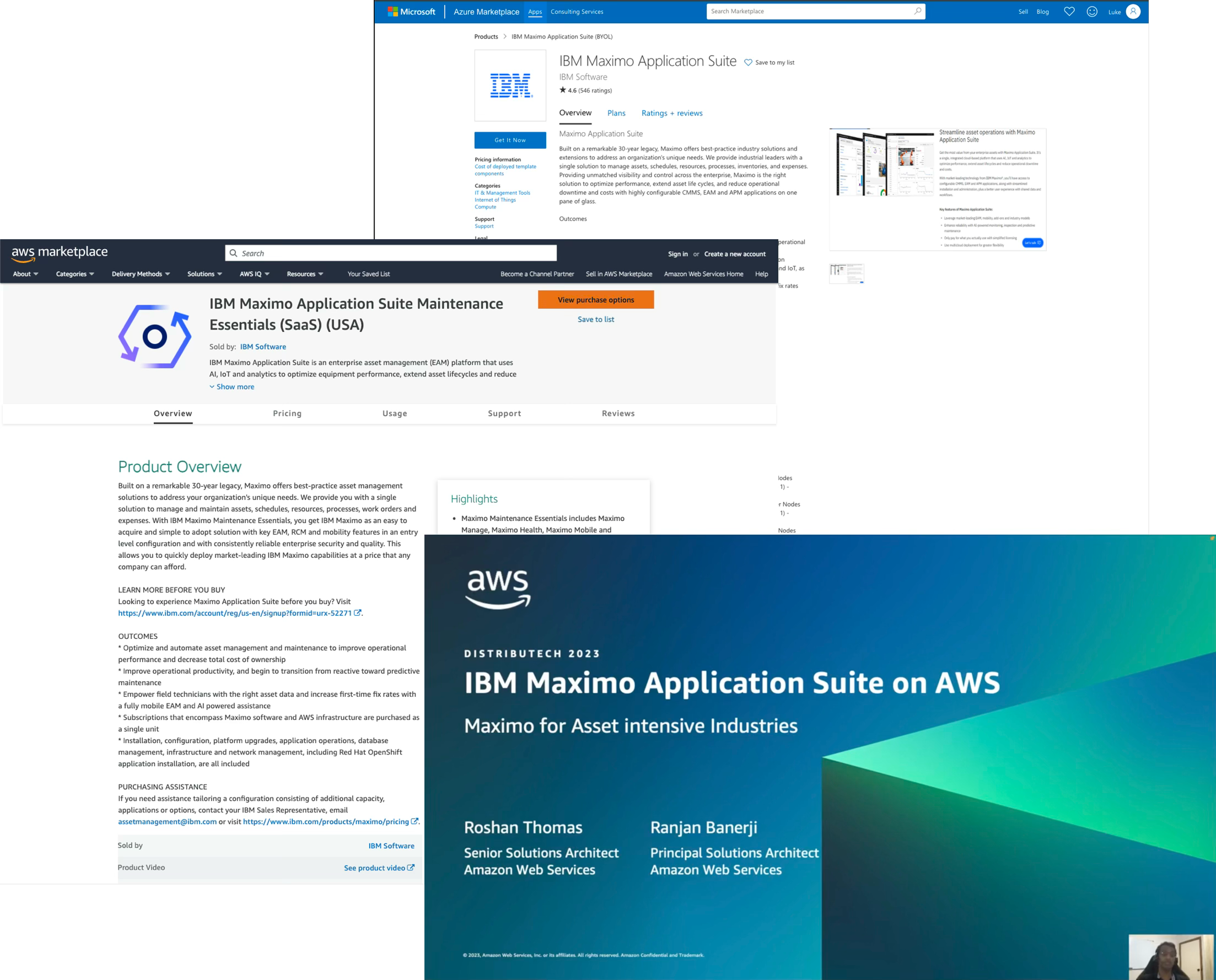 Collage of four screenshots related to IBM Maximo Application Suite, including product pages and presentation slides, with a small video feed of a person at the bottom right corner.