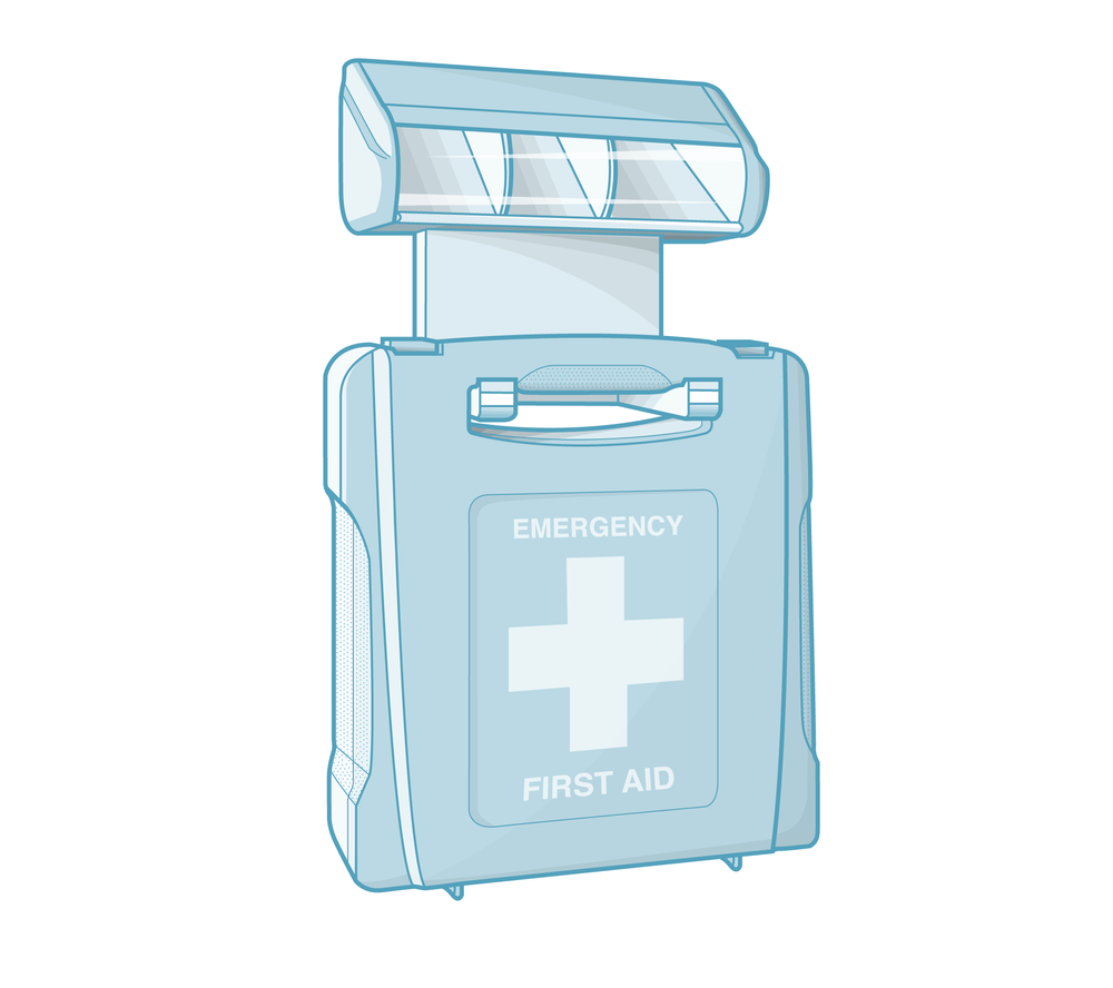 Illustration of an emergency first aid kit with a handle and a sensor on the top, featuring a label with a white cross and the words "Emergency First Aid."