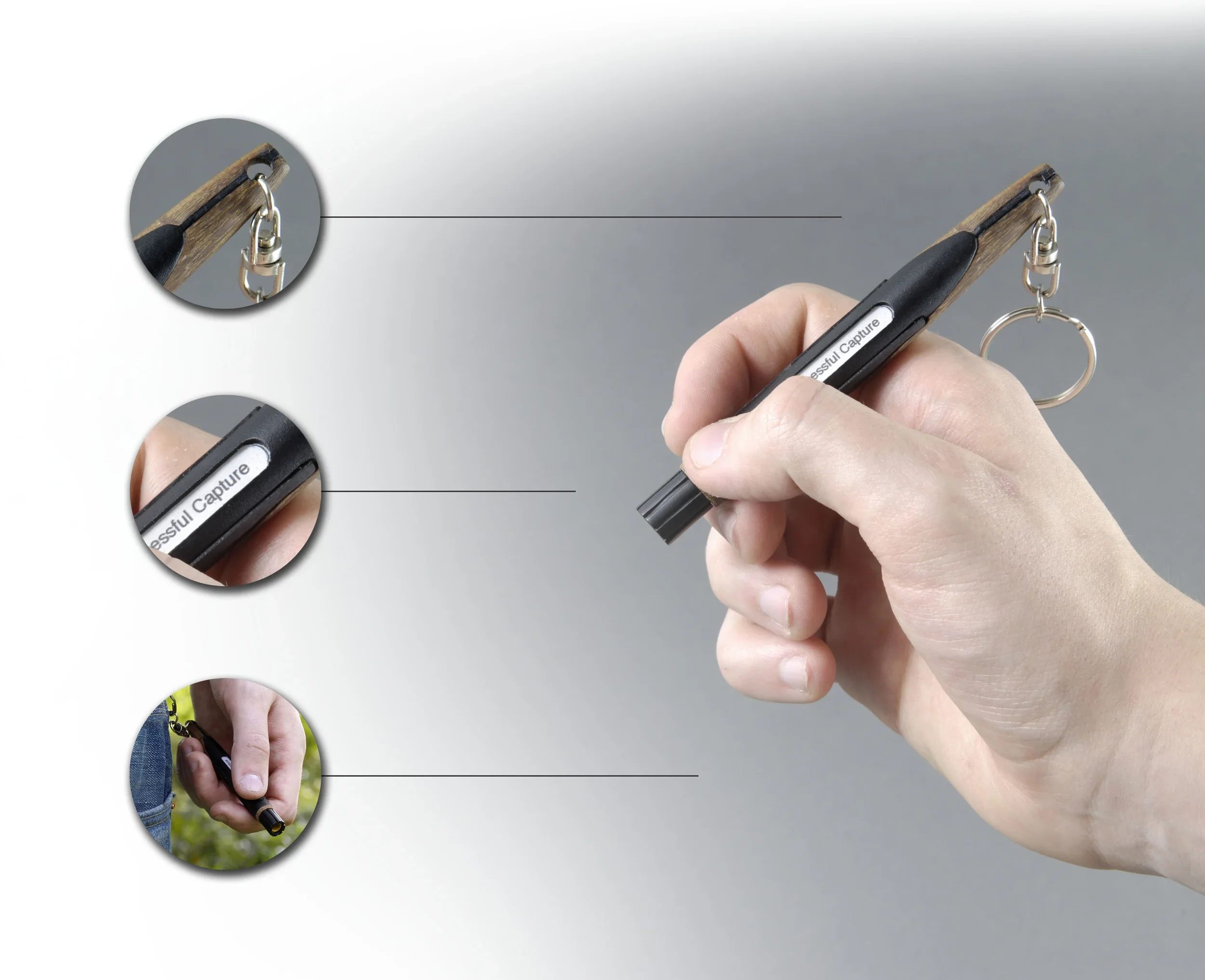 A hand holding a pen-like device with a keyring attached, used for capturing images or scans. The device is labeled 'Successful Capture.' Three inset circles show close-ups of the device's clip attachment, the label on the device, and a person carrying the device on a keychain.