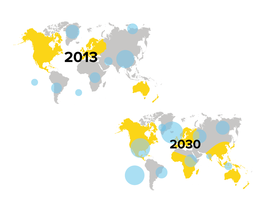 World map illustrating population growth, with countries in yellow, gray, and blue circles representing data for 2013 and 2030.