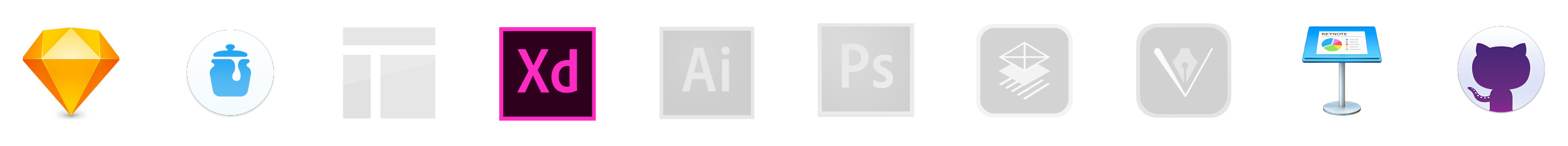 A desktop toolbar showing various software icons including SketchUp, Sketch, Adobe XD, Adobe Illustrator, Adobe Photoshop, Bezier, Vectr, Keynote, and GitHub.