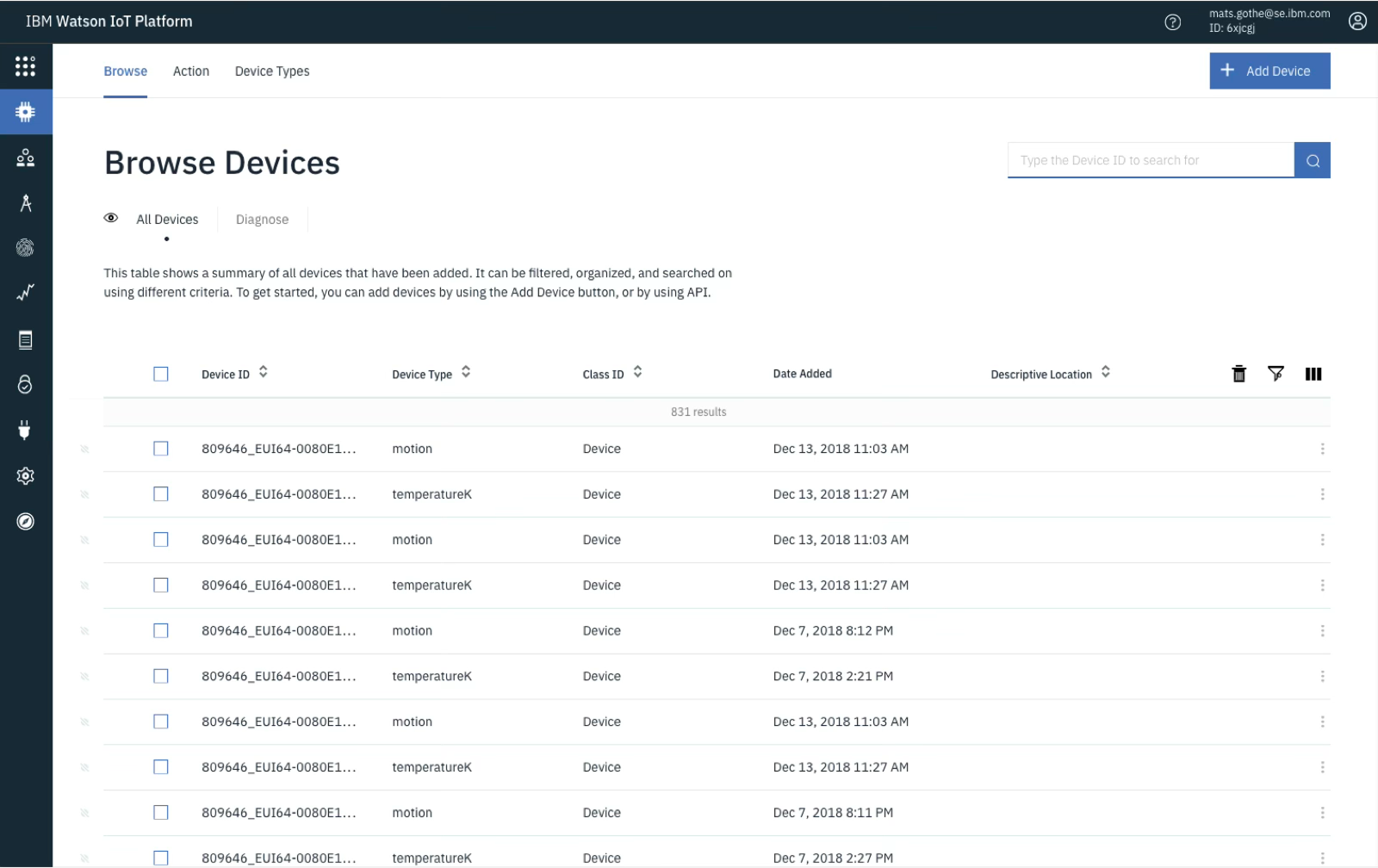 Screenshot of IBM Watson IoT Platform's device browsing page showing a list of devices with details like Device ID, Device Type, Class ID, Date Added, and Location.