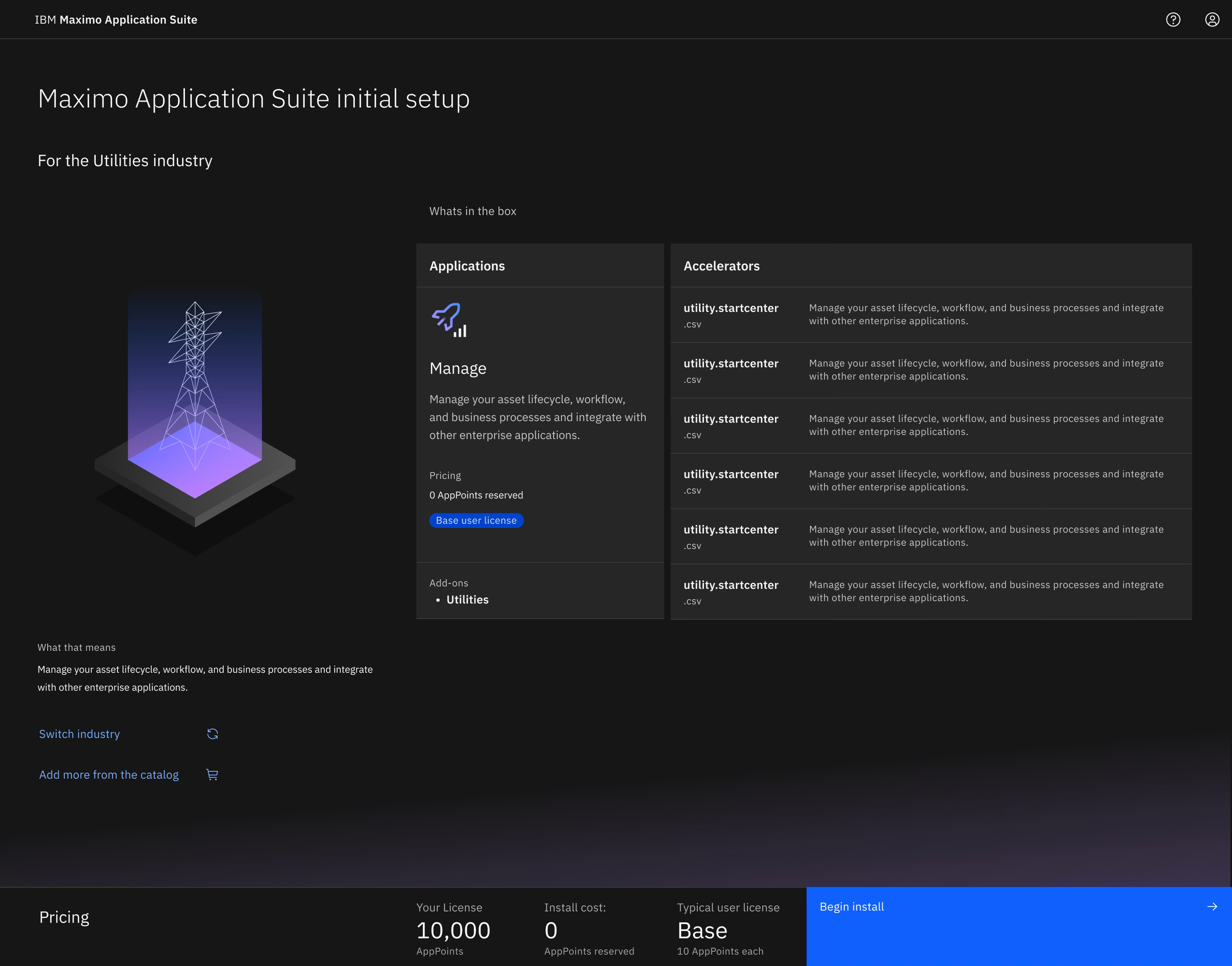 Screenshot of IBM Maximo Application Suite initial setup page, showing options for managing asset lifecycle, workflows, and business processes, with a dark themed interface and app details.