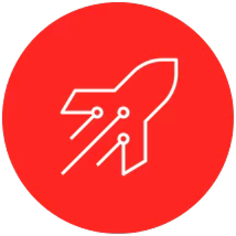White rocket icon with circuit lines on a red circular background