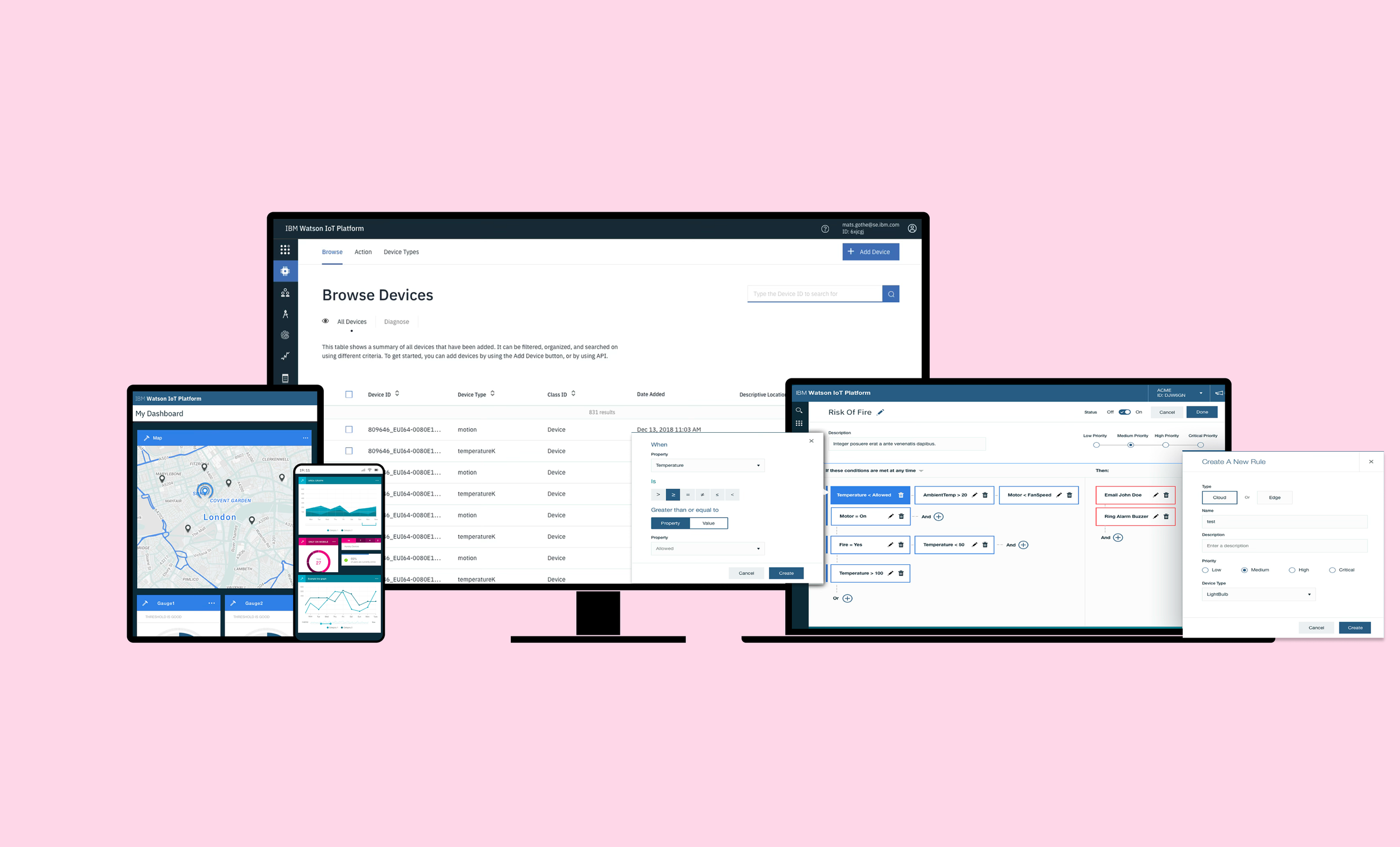 Digital screens displaying IoT device management platforms, maps, and data charts against a pink background.