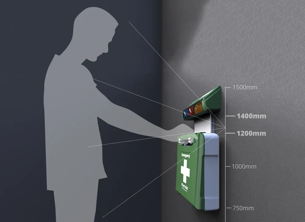 Two emergency medical kits mounted on a gray wall with measurement labels in millimeters, and a gray silhouette of a person reaching toward the equipment.