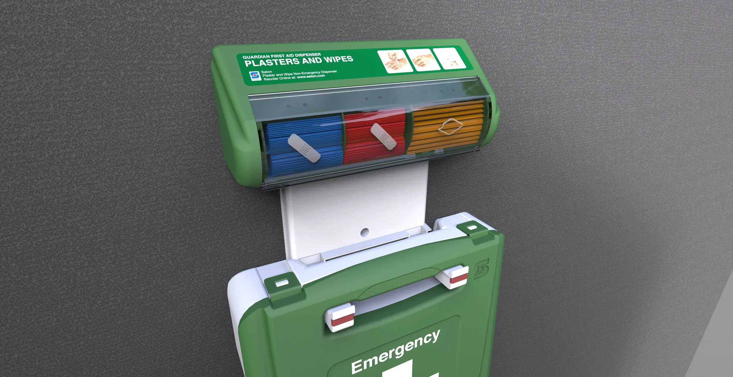 A green first aid dispenser box for plasters and wipes mounted on a wall, with a transparent cover showcasing different colored plasters and wipes inside.