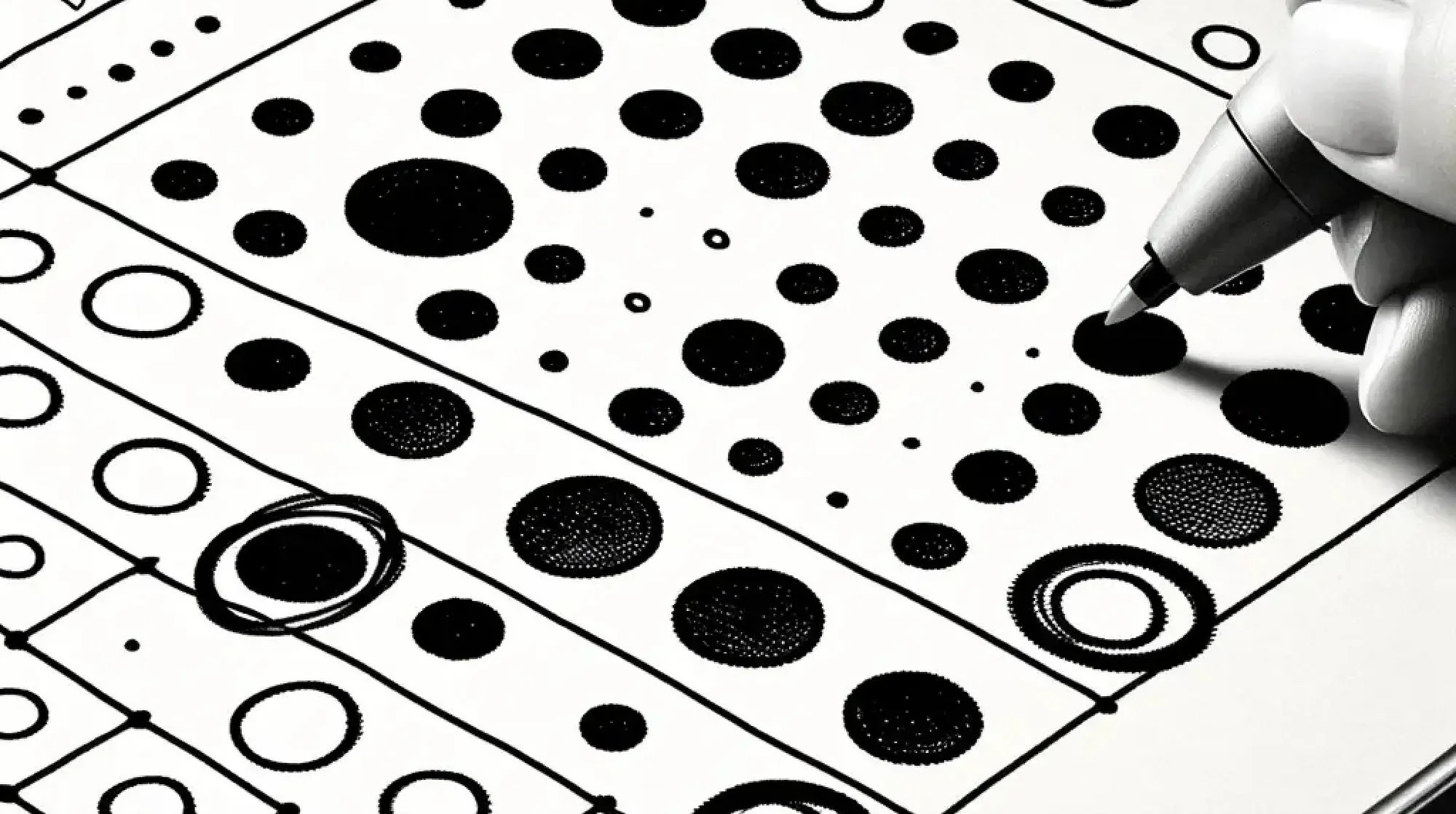 A person is drawing a dot pattern on a piece of paper with a black marker. The paper features a detailed, abstract dotted pattern with black circles of various sizes and some rectangular sections with circular designs.