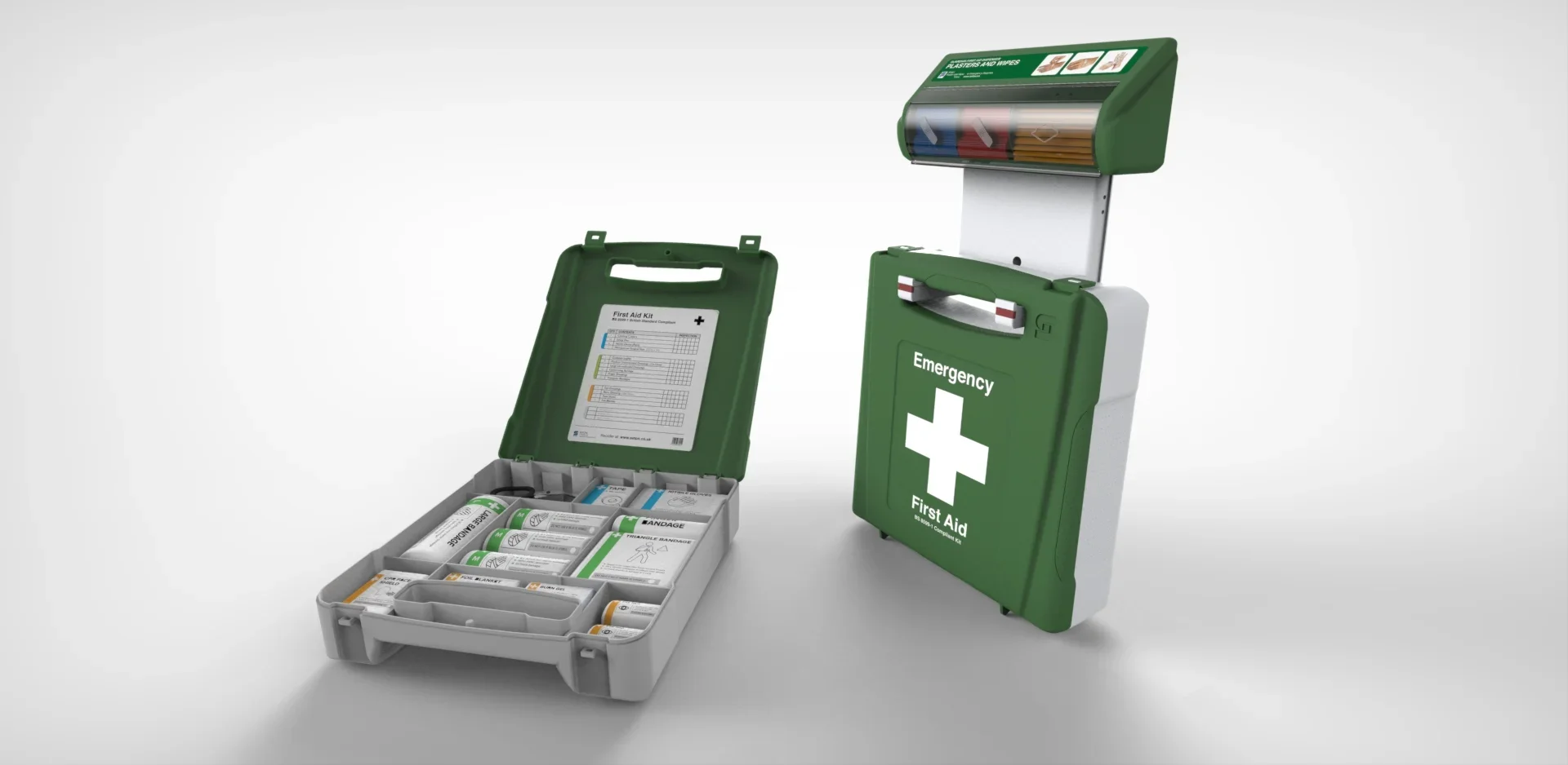 A green emergency first aid kit cabinet and an open first aid kit box containing supplies on a plain white background.