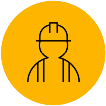 Icon of a construction worker wearing a safety helmet on a yellow background.