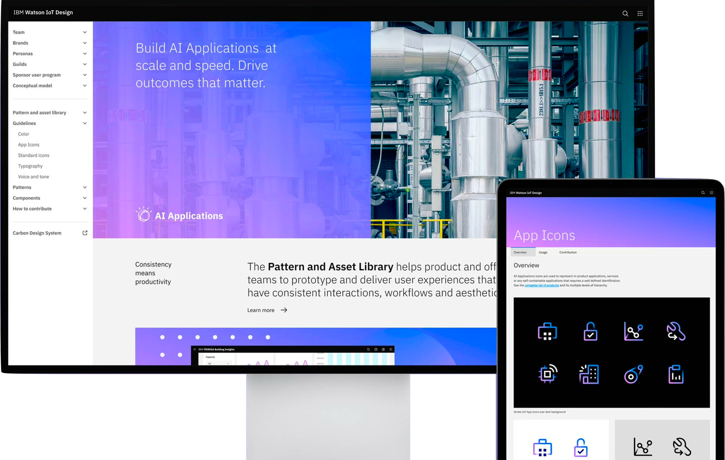 A computer monitor and a tablet displaying IBM Watson IoT Design presentation slides with purple and blue gradient backgrounds. The slides feature headings such as 'Build AI Applications' and 'App Icons' with illustrations of industrial machinery and app icon designs.