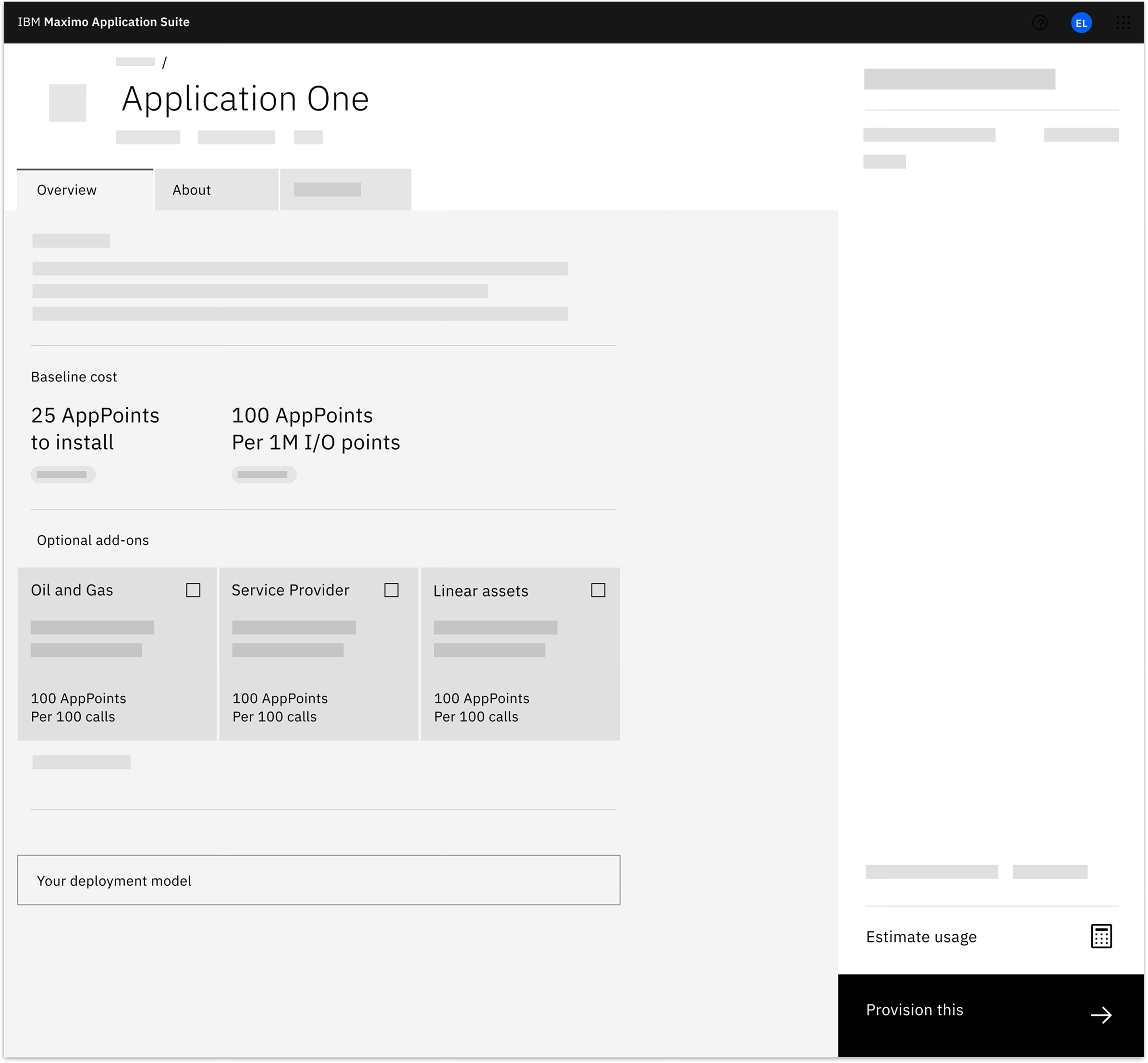 Screenshot of IBM Maximo Application Suite interface showing application details, baseline costs, optional add-ons with their costs per 100 calls, and deployment model section.