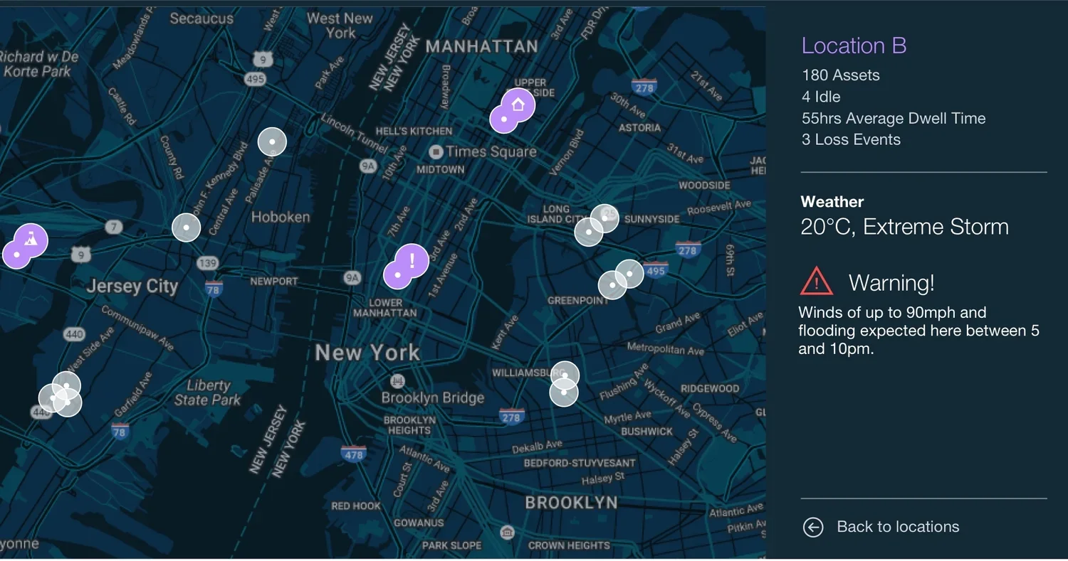 Map of New York City with various icons and markers indicating properties, weather conditions, and alerts including extreme storm warning with wind speeds up to 90 mph.