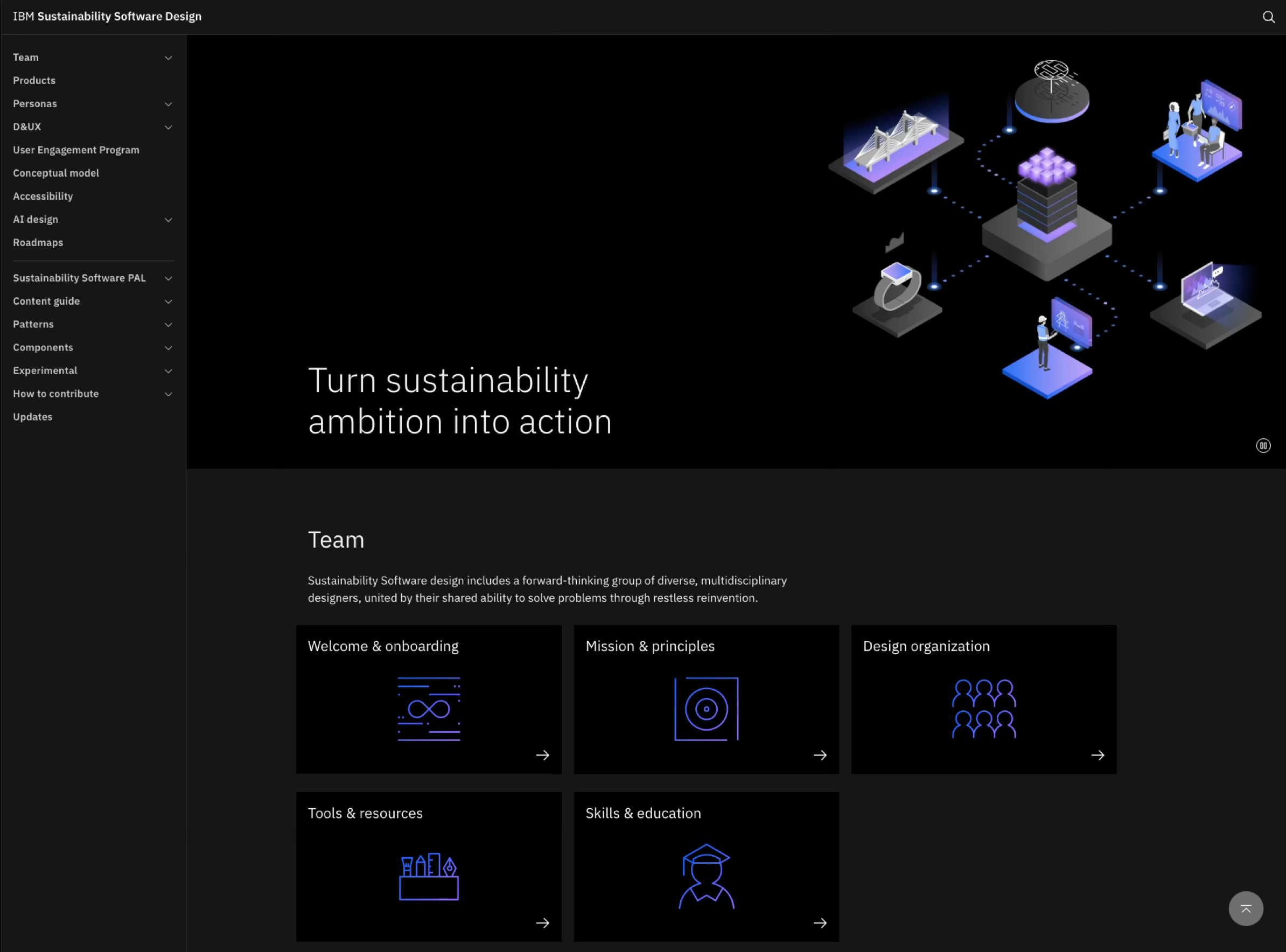 Screenshot of IBM sustainability software design webpage with a black background, featuring on the right side is a digital illustration of a connected network with icons representing a bridge, a watch, a drone, a server, a person at a computer, screens, and a planet, showcasing digital interconnectedness. The left side contains a navigation menu with various sections such as Team, Products, Personas, and more. The main text reads: "Turn sustainability ambition into action" and below it, there are sections labeled Welcome & onboarding, Mission & principles, Design organization, Tools & resources, and Skills & education, each with an icon and arrow.