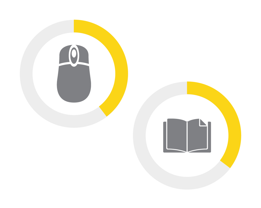 Icons of a computer mouse and an open book with yellow progress segments.