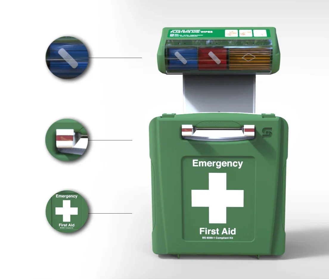 A green emergency first aid kit with a white cross and 'Emergency First Aid' written on it, a compartment with first aid supplies including bandages and wipes, and detailed close-up images of bandages and a first aid sign.