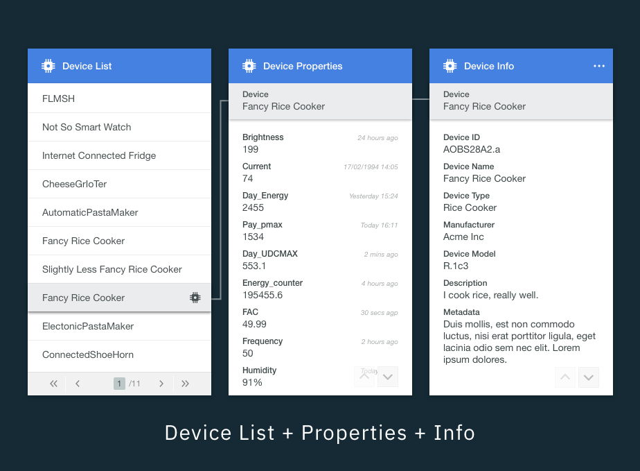 Screenshots of a device management app showing device list, properties, and information for a fancy rice cooker.