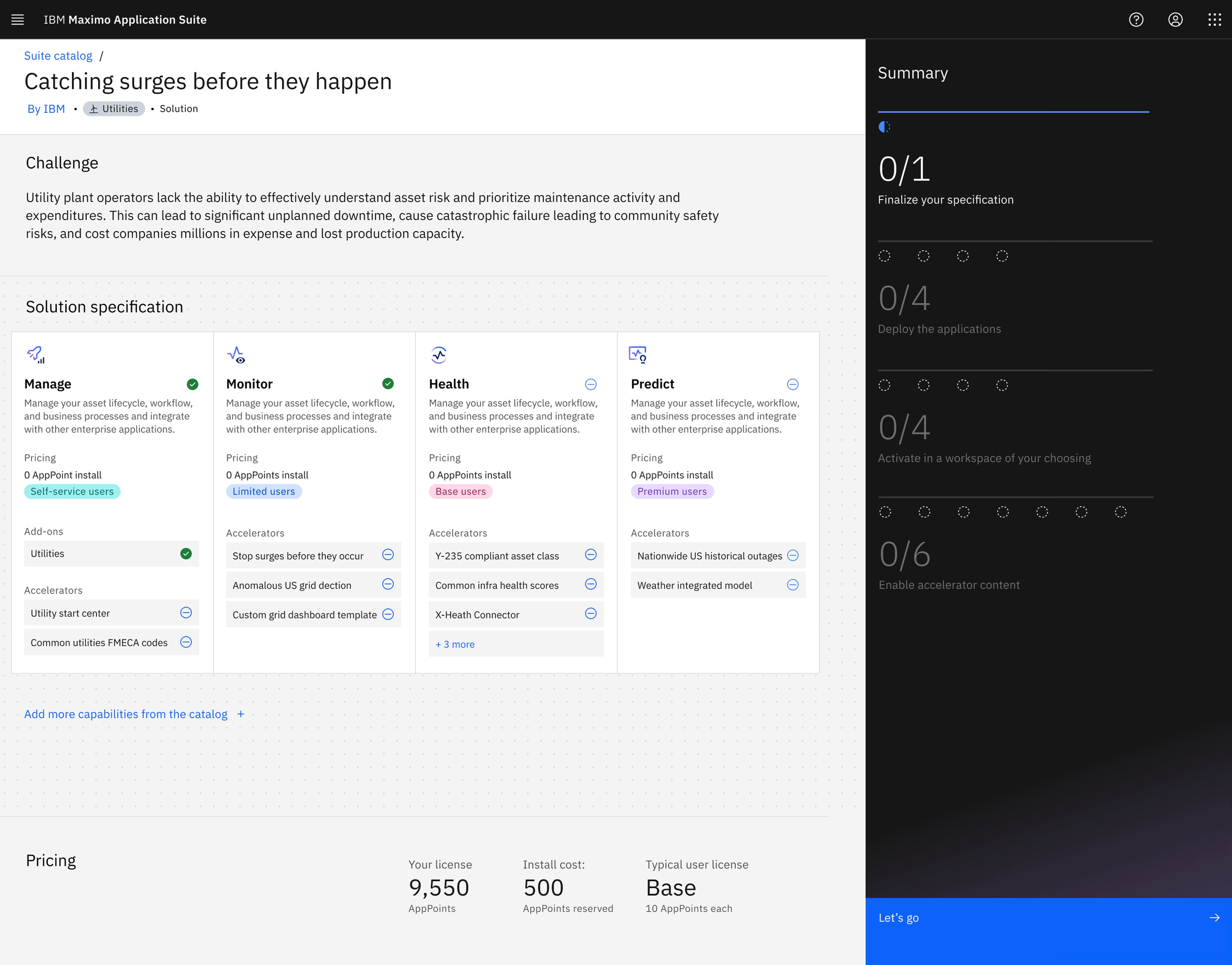 Screenshot of IBM Maximo Application Suite webpage titled "Catching surges before they happen." The page discusses a challenge faced by utility plant operators and presents a solution with four categories: Manage, Monitor, Health, and Predict, each with details about functions, pricing, and add-ons. The right sidebar shows progress indicators for various steps of an implementation process. The bottom of the page displays license and cost information.