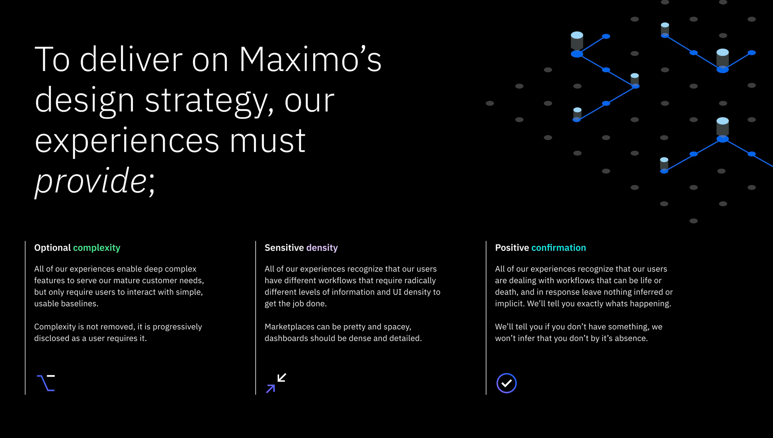 A dark-themed infographic with white and colored text discussing experience design strategies, including sections on optional complexity, sensitive density, and positive confirmation with icons.
