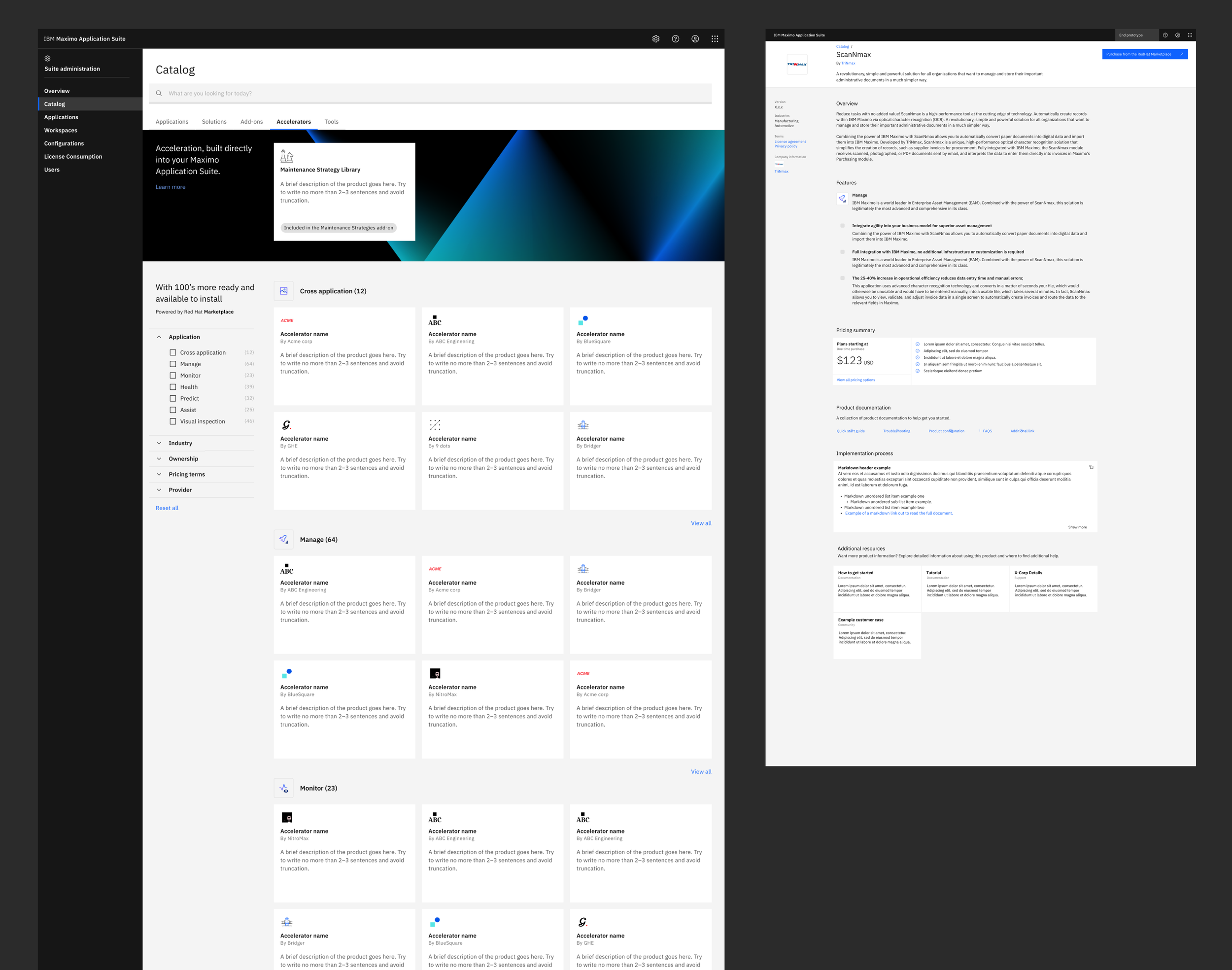Two computer screens showing application management and product details in a software suite, with menus, search bar, and product listings.