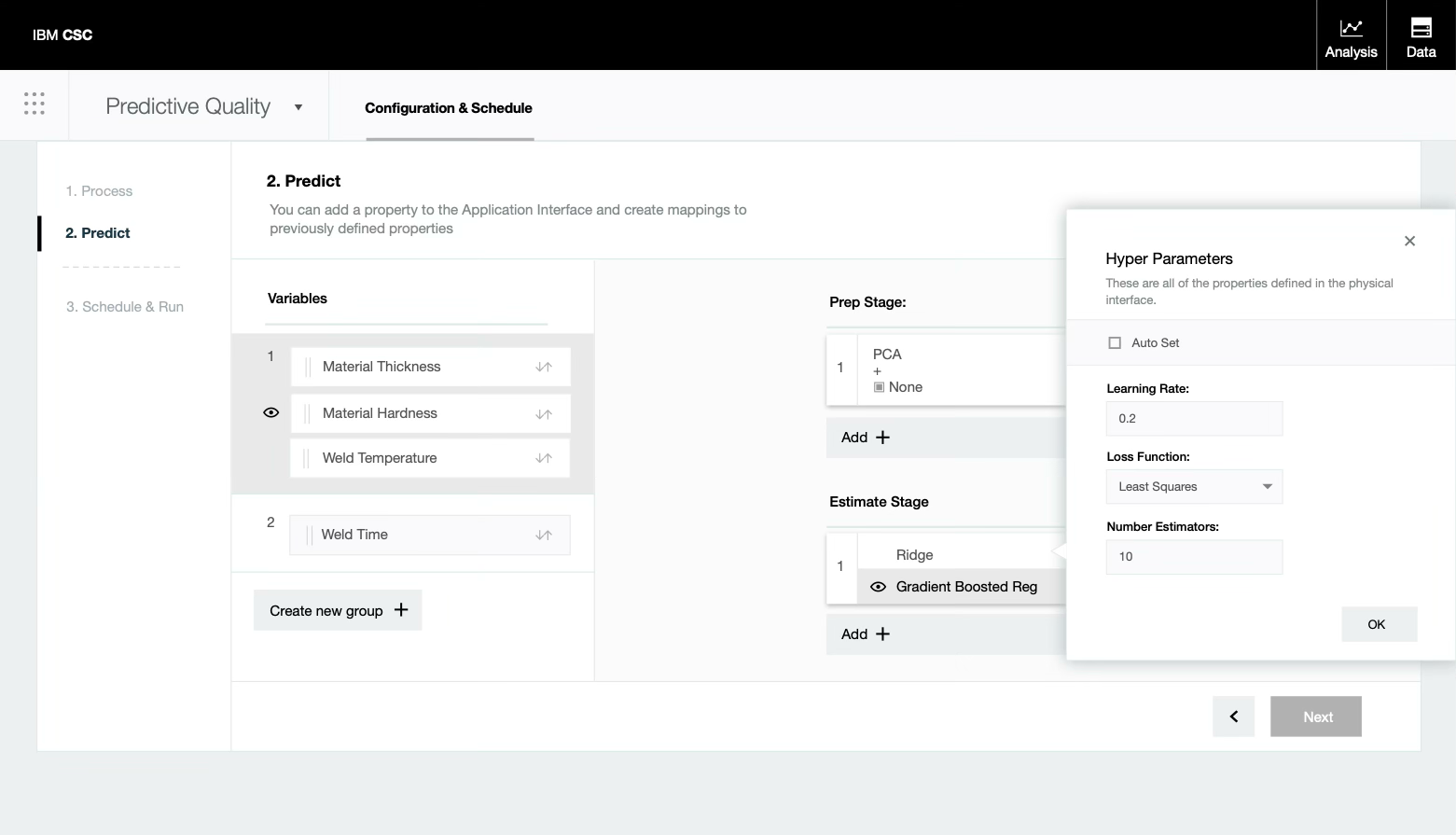 Screenshot of IBM Cloud Satellite Studio interface showing configuration settings for a predictive quality application, including variables like Material Thickness, Material Hardness, Weld Temperature, and Weld Time, with hyperparameters for the model.