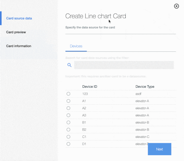 Screenshot of a software interface titled 'Create Line chart Card,' showing options to specify data source, search filter, and select device IDs and types; a blue 'Next' button at the bottom right.