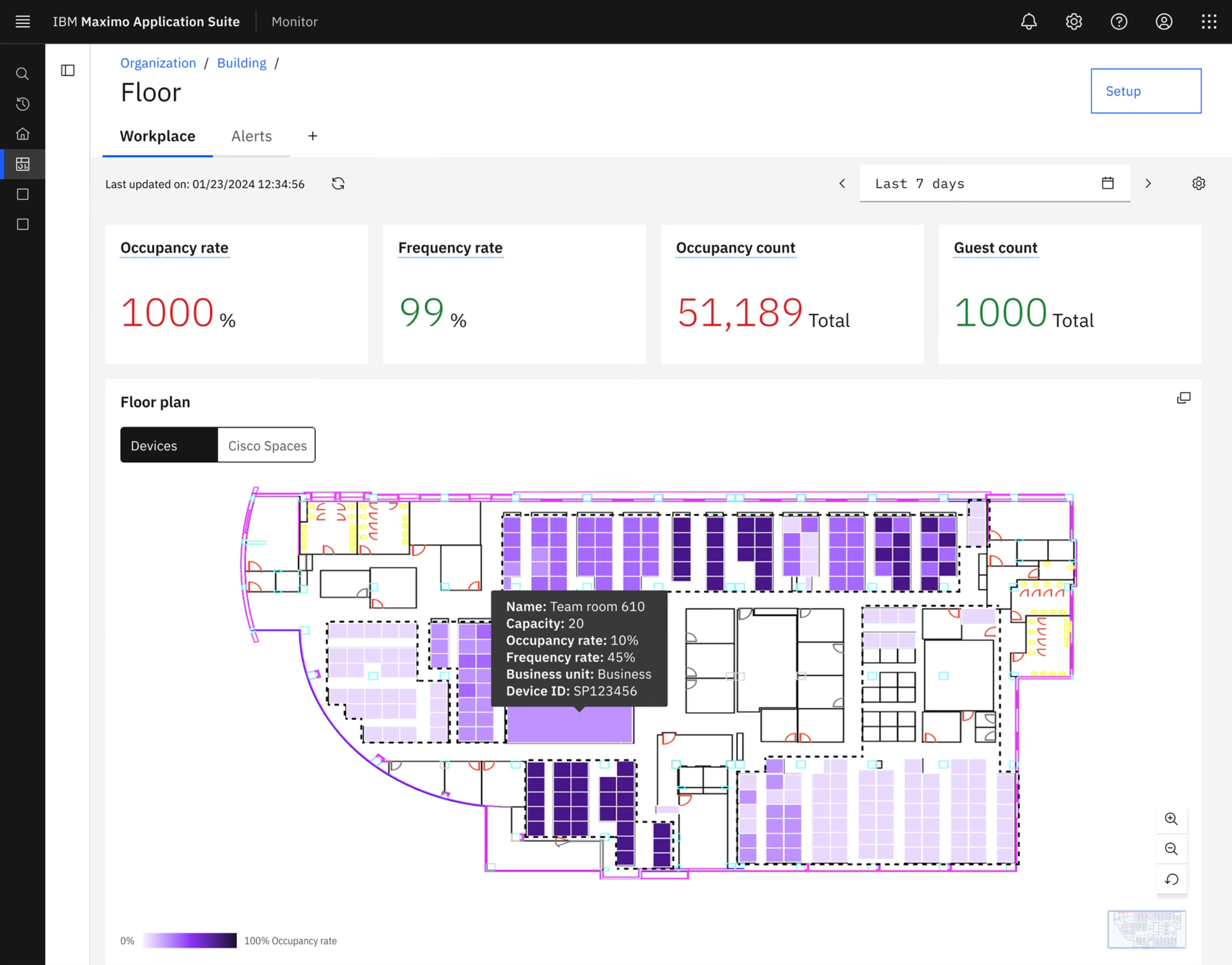 Screenshot of IBM Maximo Application Suite interface showing a floor plan with occupancy data, including a highlighted room labeled Team room 610 with details about capacity, occupancy rate, frequency rate, business unit, and device ID.