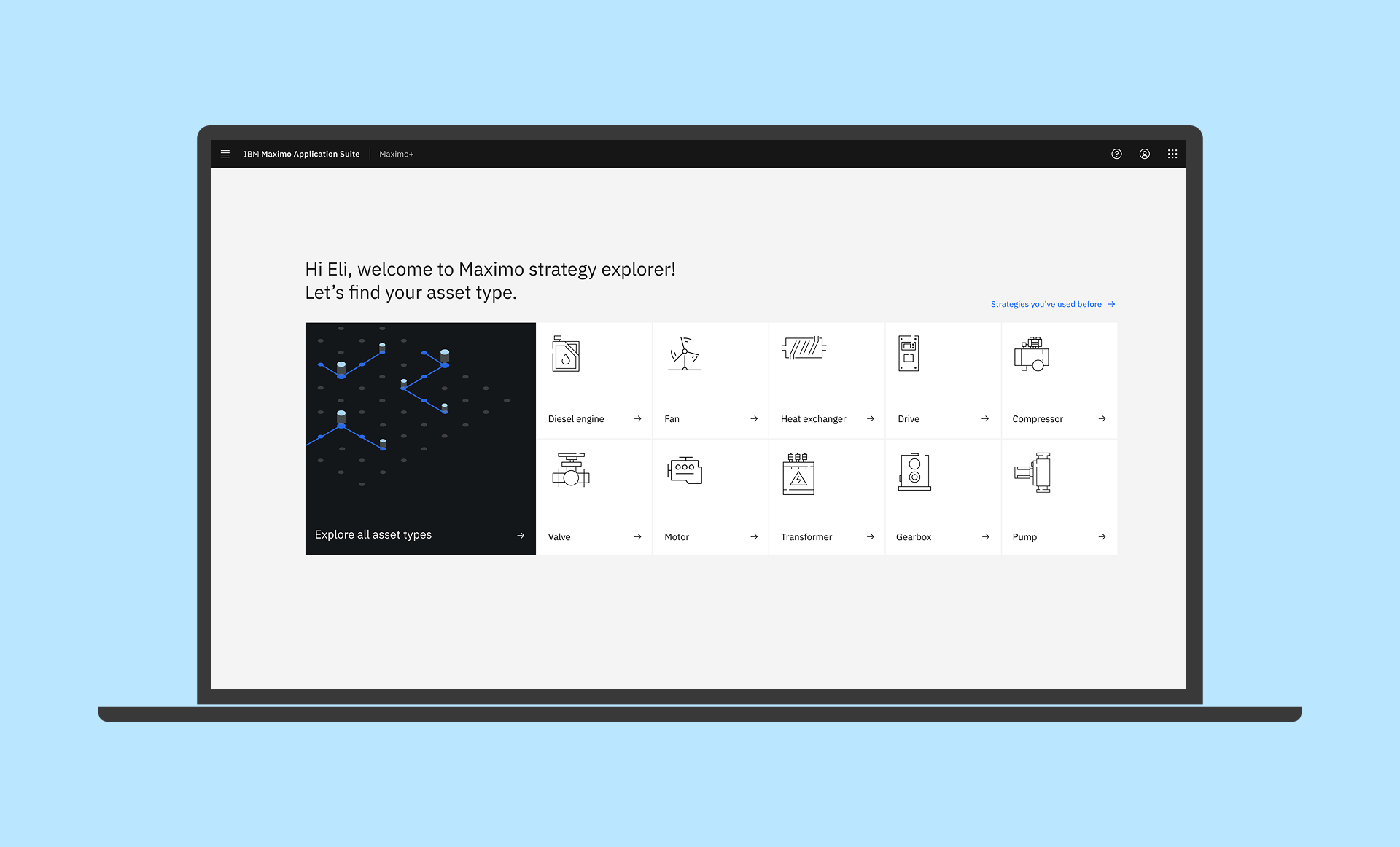 Laptop screen displaying an asset management application with asset categories like diesel engine, fan, heat exchanger, drive, compressor, valve, motor, transformer, gearbox, and pump. The interface includes icons and labels for each asset type and a welcome message.