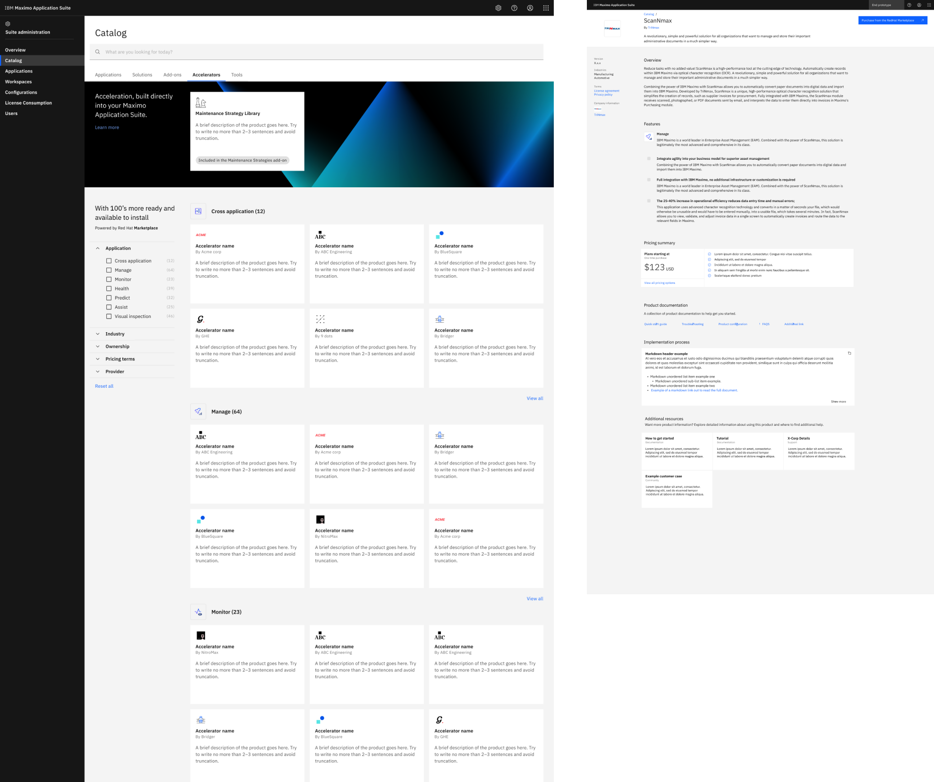Screenshots of IBM Maximo Application Suite and ScanNmax product pages showcasing catalog, applications, features, pricing, documentation, and implementation details.
