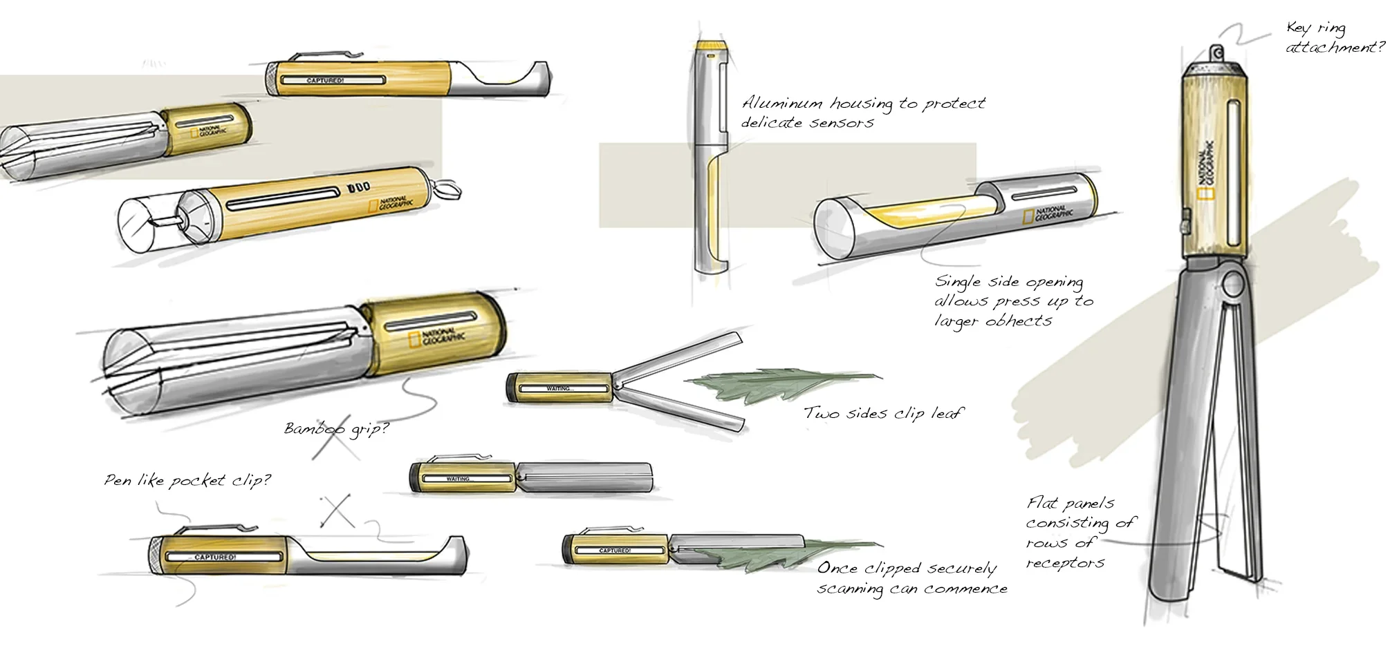 Design sketches of a portable leaf clipper device with labels indicating features like aluminum housing, key ring attachment, single side opening, flat panels with receptor rows, bamboo grip, pen-like pocket clip, and mechanisms for clipping and securing leaves.