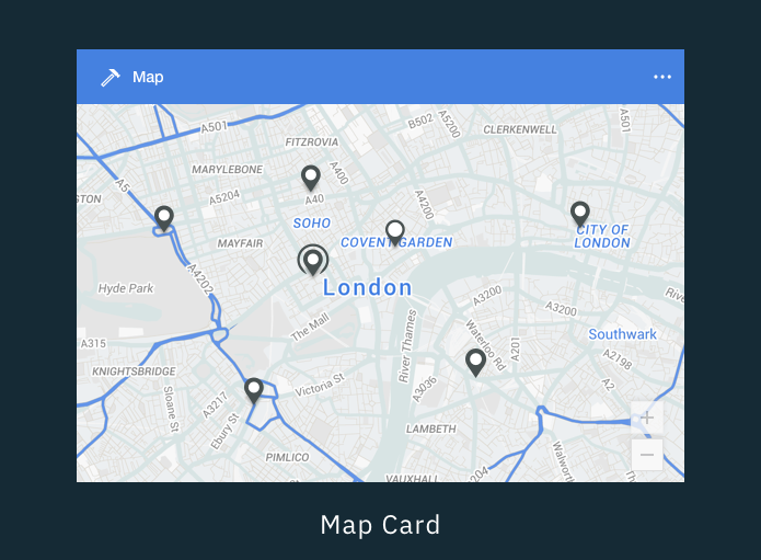 Map of London with markers at various locations including Soho, Covent Garden, City of London, Knightsbridge, and Pimlico.
