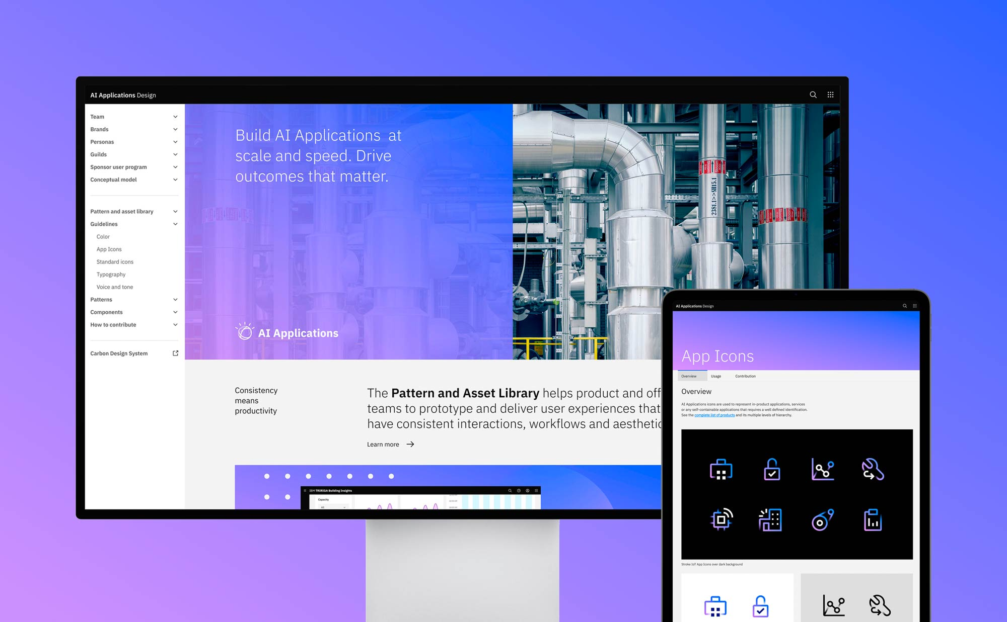 An illustration of a computer screen and a tablet displaying a website about building AI applications and app icons, with a background of blue and purple gradient.