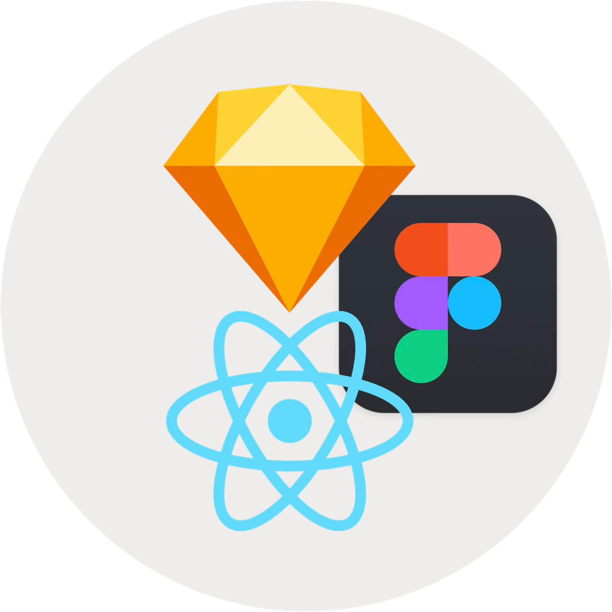 Icons representing design and technology: a yellow gemstone, a blue atom, and app icons for Figma and React.