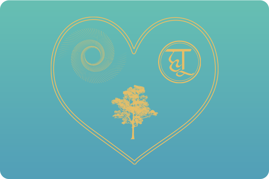 A digital artwork featuring a large gold heart outline on a turquoise background, containing a sunburst pattern, a Hindi letter 'त', and a yellow tree illustration.