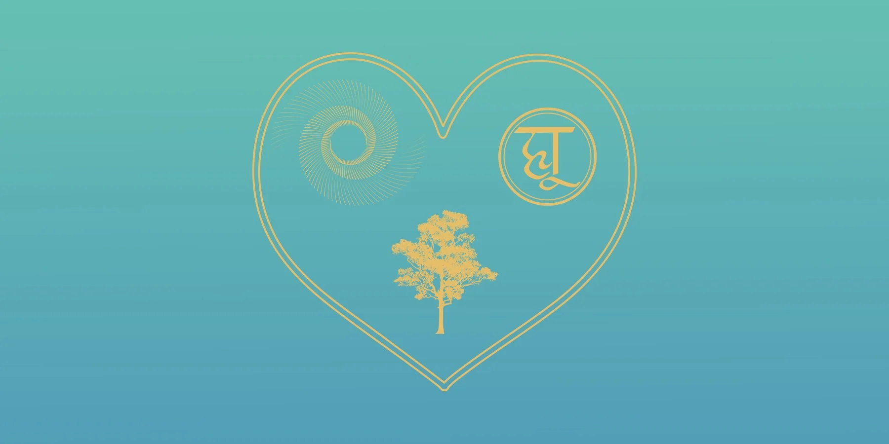 A graphic with a large heart shape outline in gold, containing a tree in the center, a circular swirl pattern in the upper left, and a circular emblem with stylized text in the upper right, all on a teal background.