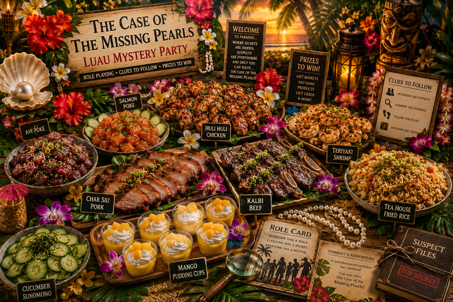 Colorful tropical feast set on a wooden table with flowers, signs, and clues for a mystery party. Includes salmon poke, ahi poke, Huli Huli chicken, teriyaki shrimp, char siu pork, kalbi beef, fried rice, cucumber sunomono, mango pudding cups, and other dishes. Signs mention prizes, clues, and role-playing instructions. Sunset background with palm trees and sunset sky.