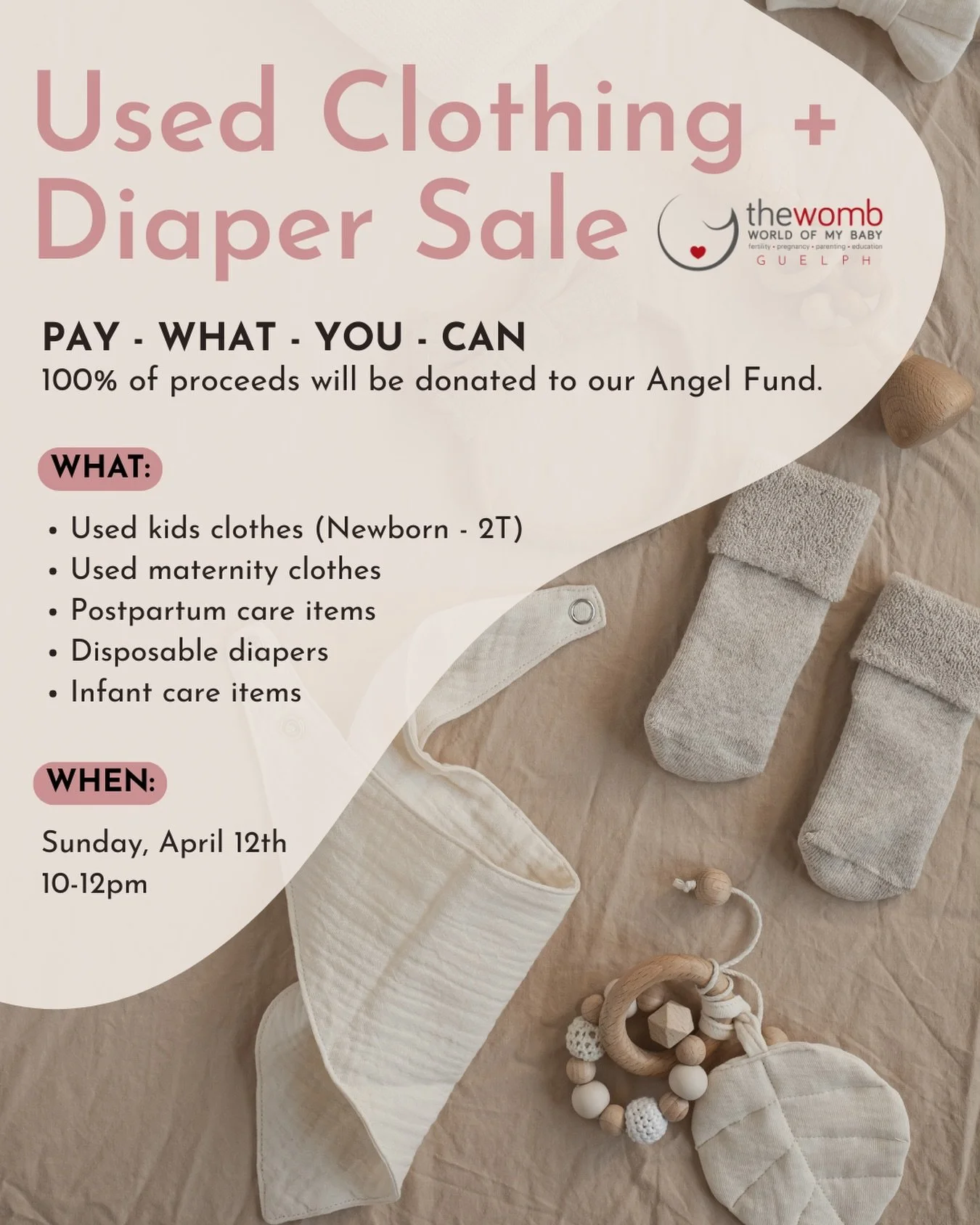 Join us this Sunday, April 12th from 10-12pm! 🗓️

We will have gently used children&rsquo;s clothes (Newborn-2T) and packages of diapers in various sizes, as well as other perinatal care items! 📚👕

100% of the proceeds will go toward our Angel Fun