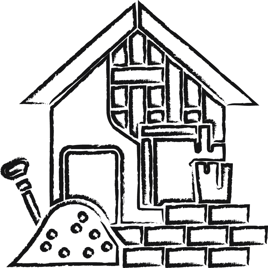 Line drawing of a house with a construction and bricks in front.